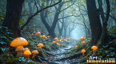 Bright orange speckled caps of wild mushrooms line a dirt path through dark misty woods