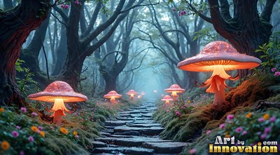 Large mushrooms line a stone path through woods with warm orange light under their caps