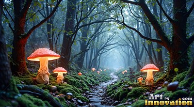 Standing upright along a misty stone forest path, red mushrooms shine with light