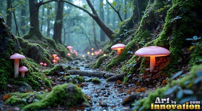 Pink lighted mushrooms line a shallow stream in a dark mossy forest