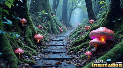 In a foggy green woods, bright red mushrooms line a narrow stone path