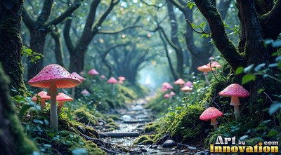 Growing along a stony brook, pink mushrooms line a shaded path under mossy trees