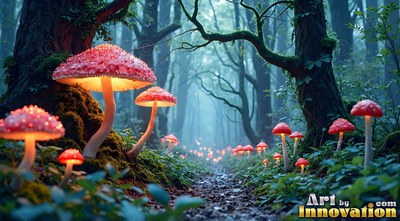Bright red mushrooms shine along a mossy forest path in blue mist