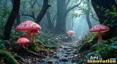 Speckled pink caps top giant mushrooms beside a rocky stream in a dark misty woods