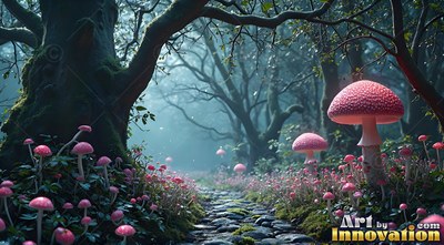 Pink mushrooms sprout along a stone path under dark trees in cool teal mist