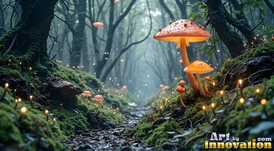 Standing tall along a misty forest path, bright orange mushrooms sprout on mossy banks