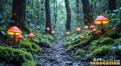 Bright orange mushrooms line a narrow dirt trail in a dark green forest