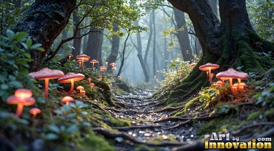 In a misty forest, bright orange mushrooms line a dirt path with exposed roots