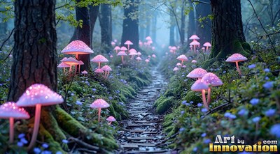 Flanking a narrow stone path, pink mushrooms shine in a dark misty forest