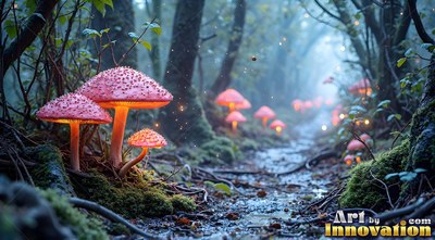 Pink speckled mushrooms light up along a misty forest path