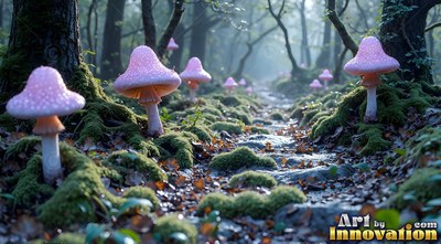 Spotted pink caps on mushrooms line a stone path through a misty green forest