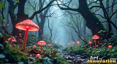 Red mushrooms shine along a mossy creek bed under the cool blue light of misty trees