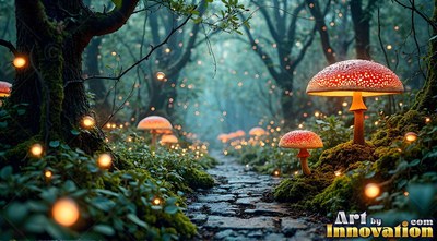 Low angle along a stone path beside red mushrooms in a misty forest