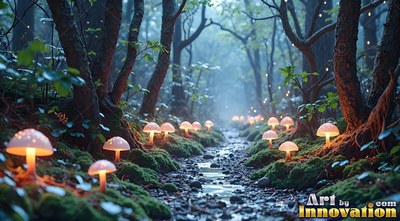 Lit mushrooms line a rocky forest creek in blue mist