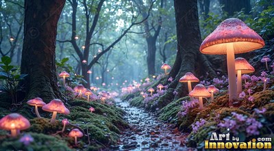 In a misty forest, bright pink mushrooms line a small rocky creek