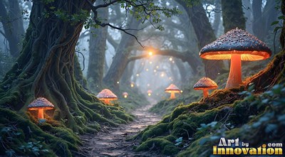 Shining in the dark, warm mushrooms light a dirt path through mossy woods