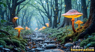 Luminous orange mushrooms along a dense forest path