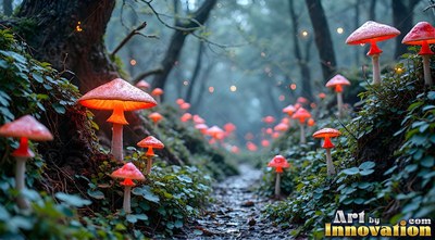Bright orange caps shine on mushrooms lining a dirt path through a dark misty woods