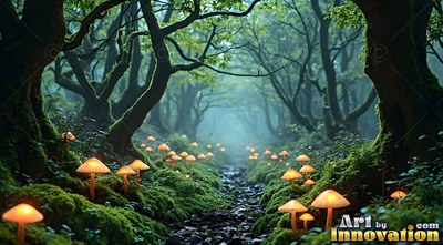 Luminous mushrooms line a rocky forest path under green mossy trees in blue mist