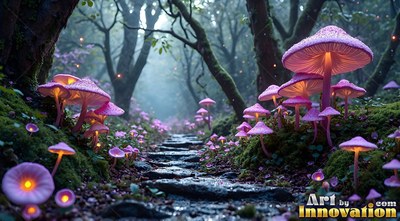 Facing down a stone path in foggy woods lined with pink mushrooms