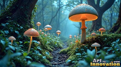 Lit orange mushrooms grow along a mossy dirt path in a foggy green woods