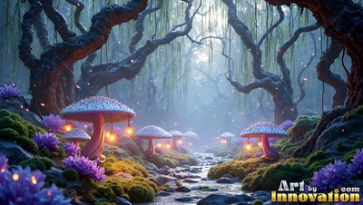 In a misty forest, large mushrooms with hanging lanterns line a rocky stream