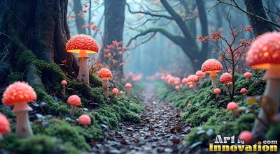 Growing along a deep forest trail, bright red mushrooms shine in blue mist