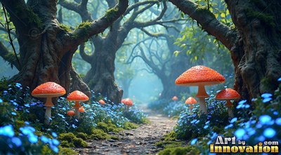 Red mushrooms and blue flowers along a dirt path in a green forest