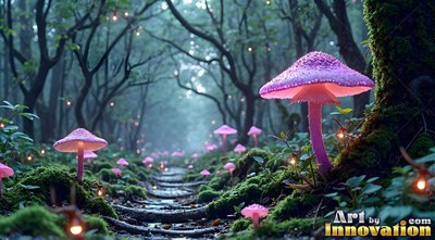 Spotted pink caps on tall mushrooms line a mossy stone path through dark woods