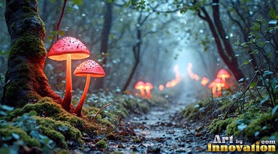 Red mushrooms line a forest path with warm orange light in the foggy dim woods