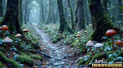 Seen from ground level along a misty forest path lined with small mushrooms