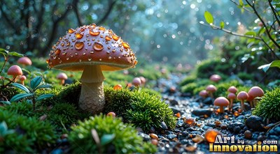 A wet orange mushroom with water drops rests on green moss by a forest path