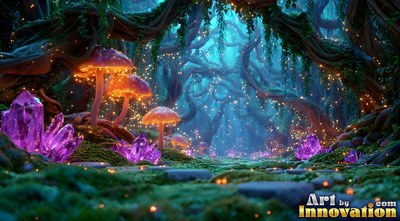 In a dark teal forest, orange mushrooms and purple crystals line a mossy path
