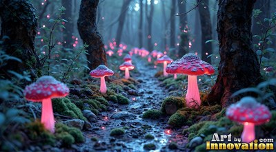Lining a stony path, red mushrooms shine with pink light in a dense forest