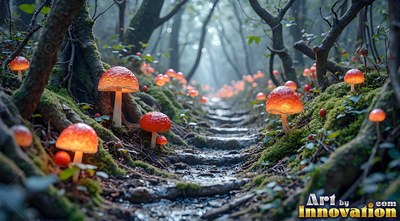 Bright orange mushrooms line a stone path in a dark forest