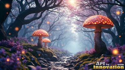 Dotted red caps top giant mushrooms beside a rocky stream under pink trees