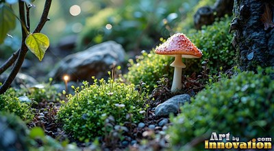 A red mushroom with white spots stands among green moss in soft morning light