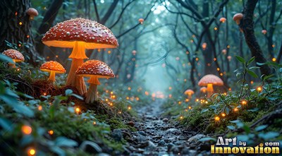 Standing upright beside a dim forest path, red spotted mushrooms shine softly