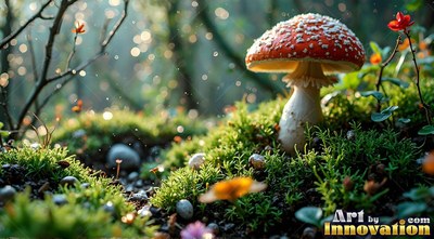 A red and white speckled mushroom stands in sunny green moss beside small flowers