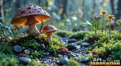On a mossy forest floor, two brown mushrooms rise beside a wet pebble path