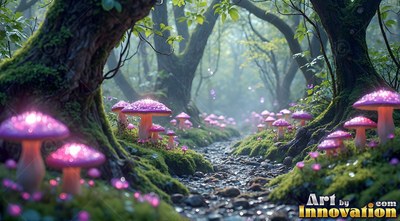 Growing beside a rocky path, purple mushrooms shine along a misty forest floor