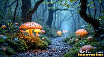 Orange mushrooms with bright light along a dim forest path