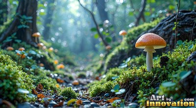 A round orange cap tops a mushroom rising from green moss in a sunlit forest trail