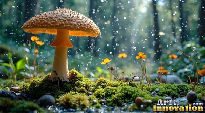 A yellow mushroom stands on moss as rain falls in soft white sunlight