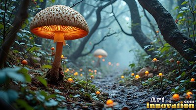 Standing tall along a misty dirt path, a mushroom shines with bright orange light