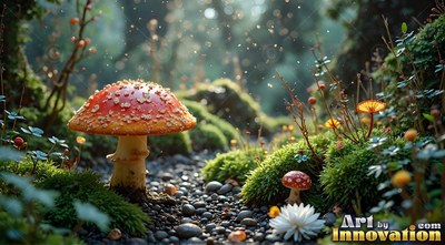 A red spotted mushroom sits on a pebbled path in sunny green moss