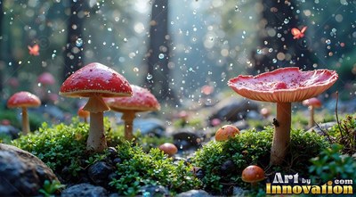 On a mossy forest floor, red mushrooms stand under falling droplets of water