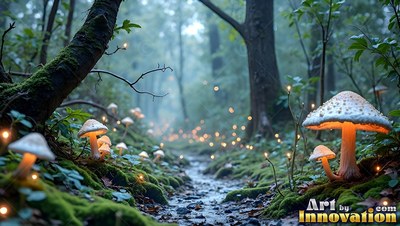 Shining warm light along a mossy trail, small mushrooms lead into a dim forest