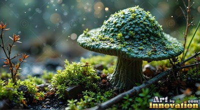 A green mossy mushroom growing on the damp forest floor