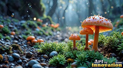 White-spotted orange caps top mushrooms sprouting by moss and pebbles in a deep forest